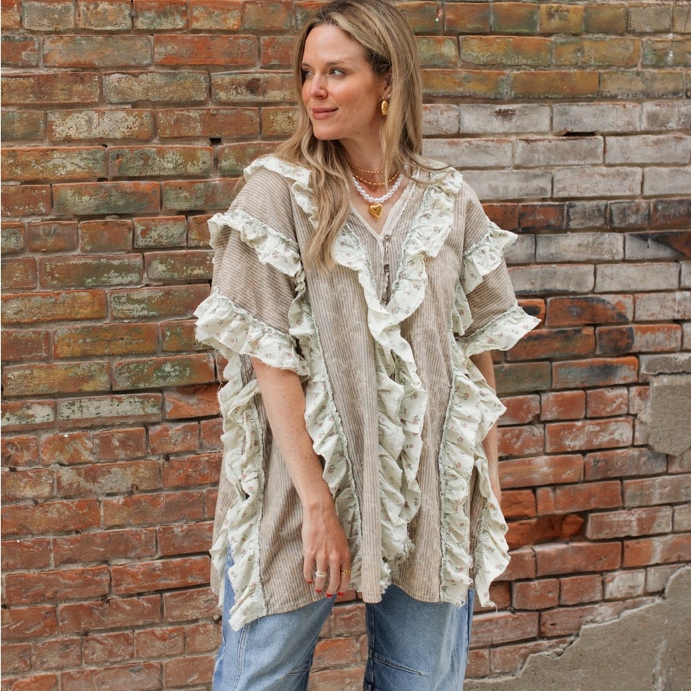 Oli & Hali Ruffle Trim Button Down Stripe & Floral Top
